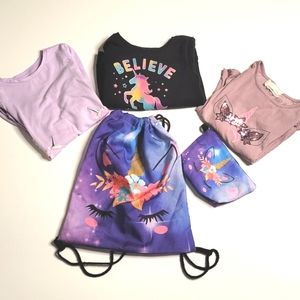 2 long sleeve unicorn shirts 1 long sleeve sweatshirt and Unicorn accessories.